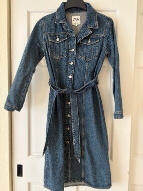 Zara Blue Denim Shirt Dress with Tie Waist